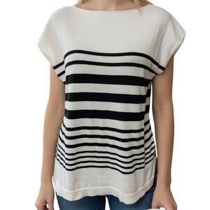Chaps Top Black White Striped Boat Neck Striped Blouse Short Sleeve Size Large
